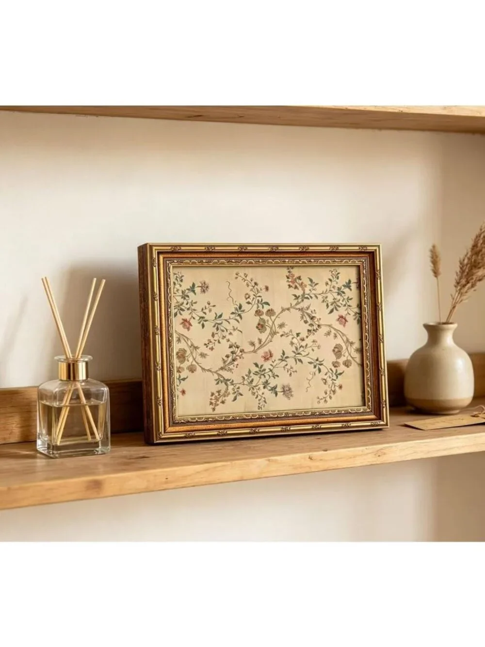 Vintage Floral Vine Wall Art - Elegant Beige Botanical Canvas Print 12x16in